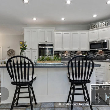 Bright & Timeless Kitchen Reorientation with Fireplace Refresh