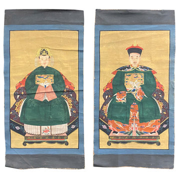 Pair Chinese Canvas Color Ink Royal Lady Gentleman Ancestor Paint Art