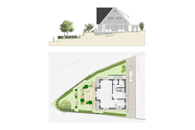 Planvariante für einen klassischen Hausgarten am Hang mit großer Terrasse