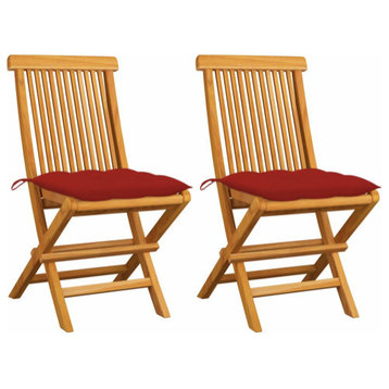 vidaXL Patio Chairs 2 Pcs Folding Chair with Red Cushions Solid Wood Teak
