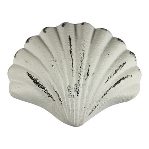Set Of 12 Distressed Finish Coastal White Cast Iron Scallop Shell