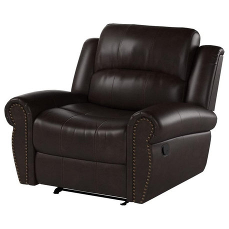 Traditional Brown Bonded Leather Gliding Recliner with Cushioned Seat