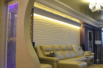 Пример оригинального дизайна: открытая гостиная комната среднего размера в стиле неоклассика (современная классика)