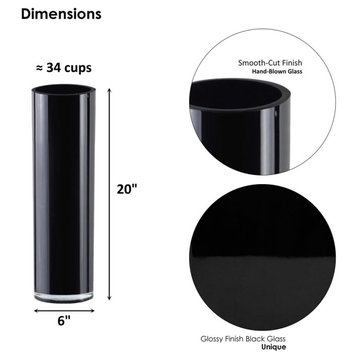Glass Cylinder Vases with 6 inches Diameter Hand Blown Wedding Centerpieces, Black, 20"x6", 4 Pcs