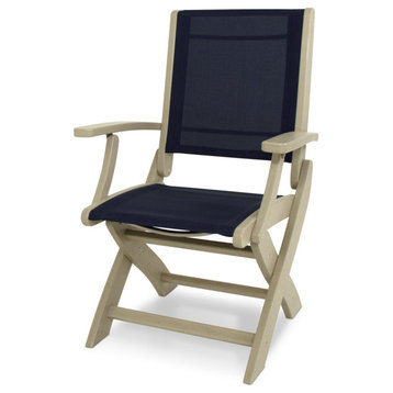 Polywood Coastal Folding Chair, Sand/Navy Blue Sling