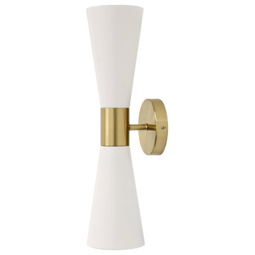 Wynn 2-Lights Modern Matte White And Brass Cone Wall Sconce, 19" High