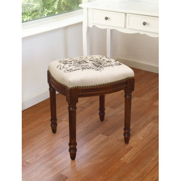 Crest, Printed Linen and Wooden Stool Wood Stain Finish