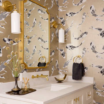 Contemporary Neutral Colored Powder Room with Fish Wallcovering