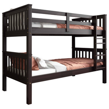 100% Solid Wood Mission Twin Over Twin Bunk Bed, Java