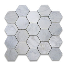 12.25"x10.75" Carrara White Hexagon Mosaic Tile Tumbled, Chip Size 3"