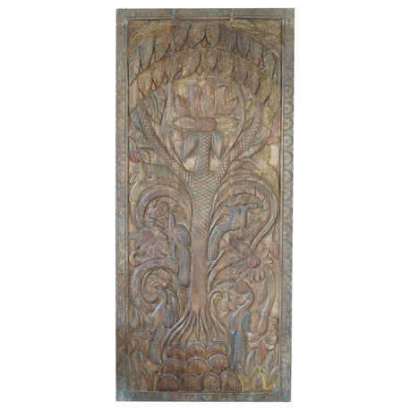 Consigned Vintage Carved Wood Tree Of Life Decorative Wall Art Panel Headboard
