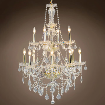 Victorian 12 Light 28" Gold Chandelier With Clear Asfour Crystals & Led Bulb
