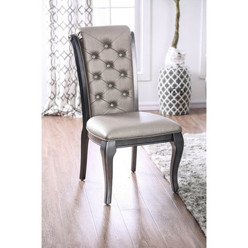 Benzara BM183262 Button Tufted Leather Upholstered Side Chair, Pack of Two, Gray
