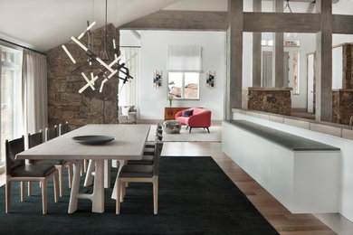 Inspiration for a large contemporary dining room in Denver with light hardwood floors and white walls.