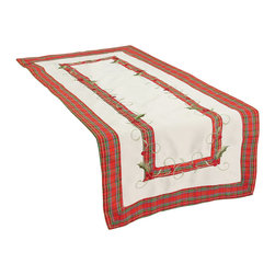 Xia Home Fashions - Tartan Ribbon Embroidered Christmas Table Runner, White - Table Runners