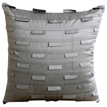 Gray Art Silk 14"x14" Textured Pintucks Pillow Cover, Silver Ocean