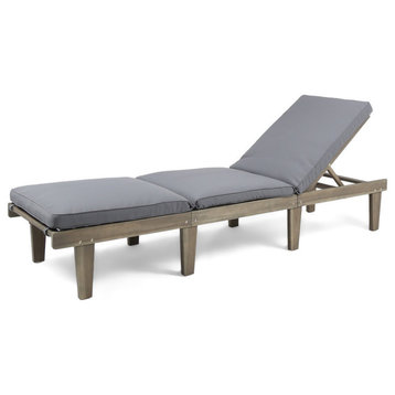 GDF Studio Alisa Outdoor Acacia Wood Chaise Lounge With Cushion, Gray, Single