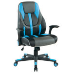 OSP Home Furnishings - Output Gaming Chair, Black Faux Leather With RGB LED Light Piping, Black/Blue - Gear up for your next intensive gaming session with the output mid-back gaming chair. The contoured, densely padded, faux leather seat with built in lumbar support will keep you comfortable for the long haul. Find your optimal position with features like one-touch pneumatic seat height adjustment, locking tilt control with adjustable tilt tension, and versatile flip arms. Immerse yourself fully in your gaming experience with battery powered controllable RGB LED light piping. Durable nylon base with colored end caps and matching dual wheel casters deliver easy mobility.