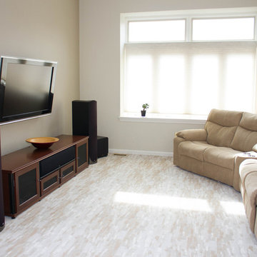 Wall-Mounted TV w/ Floorstanding Speakers, Surround Sound, AV Cabinet & Seating