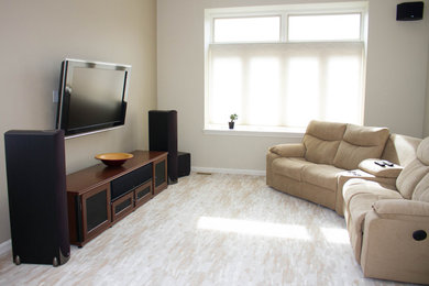 Wall-Mounted TV w/ Floorstanding Speakers, Surround Sound, AV Cabinet & Seating