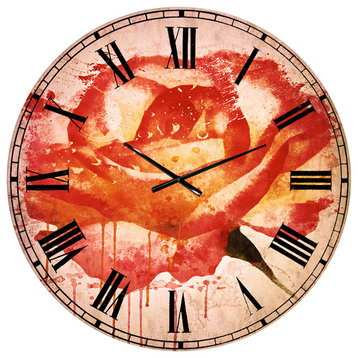 Red Rose Hand Drawn With Splashes Floral Large Wall Clock, 36x36