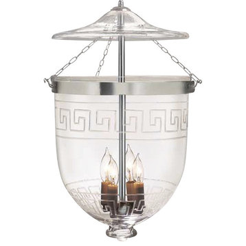 Greek Key Etching Hundi Glass Bell Jar Lantern 12"D, Antique Brass