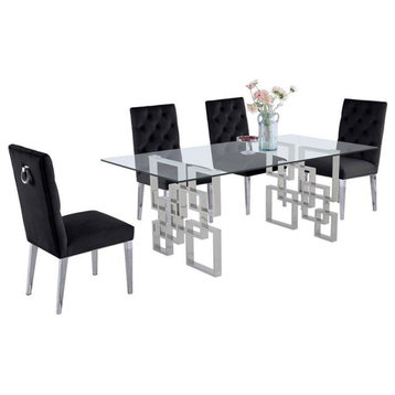 Rectangular Clear Glass 5pc Dining Set with Silver Stainless Steel Base
