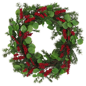 Loveren 25.5" Eucalyptus and Pine Artificial Wreath, Green and Red