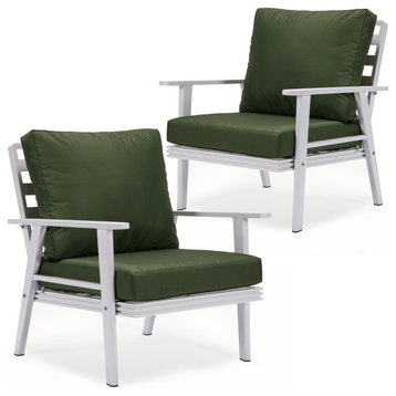 LeisureMod Walbrooke Outdoor Patio White Aluminum Armchairs Set of 2, Green
