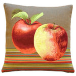 Pillow Decor Ltd. - Pillow Decor - Fresh Apples on Brown 19 x 19 Throw Pillow - This colorful tapestry pillow features two crisp apples against a light brown background. Foreground stripes in warm orange, red, olive green and deep teal, give this pillow an Autumn feel. A great accent in a kitchen nook, or family room.