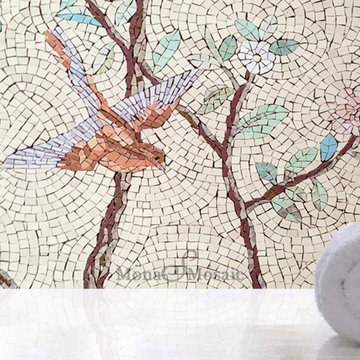 Bird Mosaic pink and blue mosaic flowers, Custom Kitchen Mosaic, Custom mosaic w
