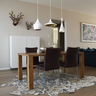 フランクフルトの中サイズのコンテンポラリースタイルのLDKの画像 (ベージュの壁、無垢フローリング、暖炉なし、茶色い床)