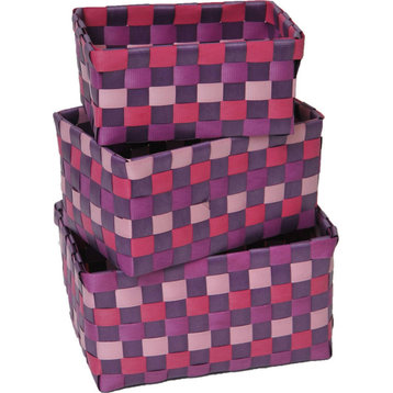 Checkered Woven Strap Storage Baskets Totes Set of 3, Purple