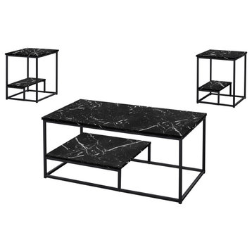 Table Set, 3-Pieces Set, Coffee, End, Side, Metal, Laminate, Black Marble Look