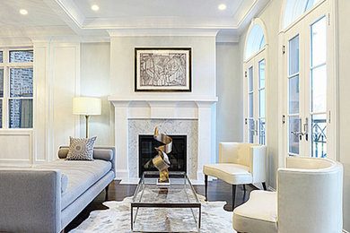 Living room - mid-sized modern formal and open concept dark wood floor living room idea in Chicago with a standard fireplace and a stone fireplace