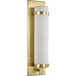Progress Lighting - Hartwick Collection Satin Brass 1-Light Wall Sconce - Ease yourself into a state of complete bliss and relaxation under the luxurious glow of this wall sconce. A stunning, cylinder-shaped etched opal glass diffuser held in place by a thin metal bar recalls visions of elegant candlesticks. The diffuser sits on top of a pedestal-like light base attached to a beautiful satin brass backplate.