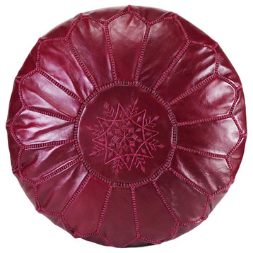 Handmade Moroccan Ottoman, Genuine Leather Pouf, Garnet Red