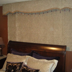 A Shaped Cornice Board & Flat Style Roman Shade Mounted Outside the Window Frame - Window Treatments