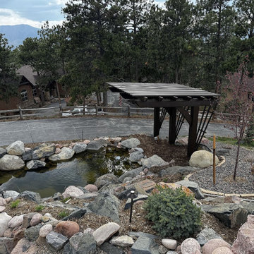 Cedar Pergola with Unique Design Overlooking Tranquil Pond