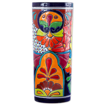 Novica Handmade Cylindrical Talavera Ceramic Vase