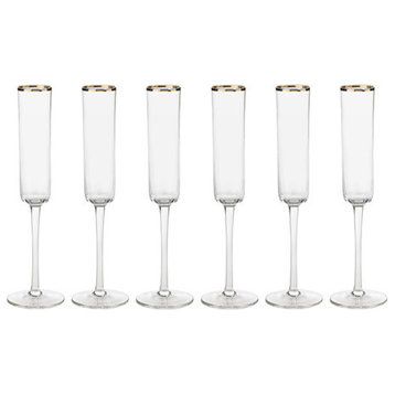 11.25" Tall Zalli Champagne Flutes With Gold Rim, Set of 6, Gold
