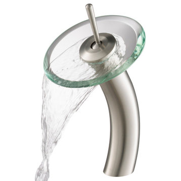 Glass Waterfall Vessel Bathroom Faucet Nickel, Clear Glass Disk