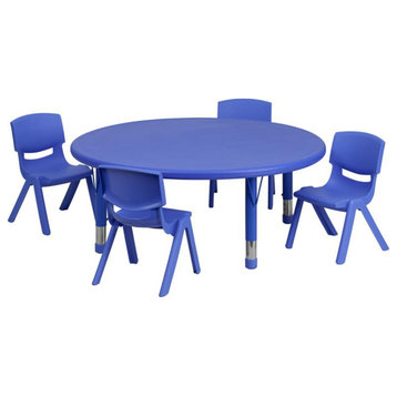 45" Round Blue Plastic Height Adjustable Activity Table Set With 4 Chairs