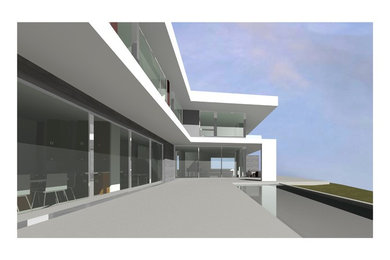 Large contemporary white two-story stucco exterior home idea in Los Angeles with a green roof and a gray roof
