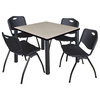 Kee 42" Square Breakroom Table- Maple/ Black & 4 'M' Stack Chairs- Black