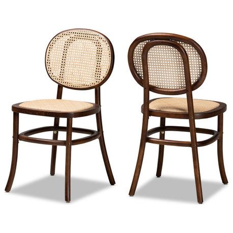 Garold Mid-Century Brown Woven Rattan Brown  Wood 2-Piece Cane Dining Chair Set