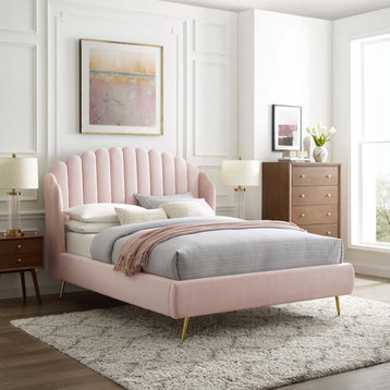 Platform Bed Frame, Queen Size, Velvet, Pink, Modern Contemporary, Bedroom