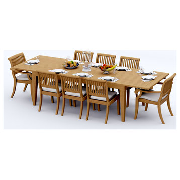 9-Piece Outdoor Teak Dining Set, 122" Extension Table, 8 Arbor Stacking Chairs