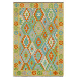 Bareens Designer Rugs - Retro Turkish Kilim Davies Hand-Woven Wool Rug - 4'2'' x 5'11'' - Elevate the elegance of your home with this stunning hand-woven tribal Kilim wool rug. Meticulously crafted on a loom by the Nomad Turkman people using hand-spun wool and 100% natural vegetable dyes, these rugs are recognized for their repetitive geometric patterns, incorporating naturalistic floral and traditional designs. The contemporary fashion palette results in bold, sharp patterns that are incredibly versatile, as the pattern is the same on both sides. These reversible rugs feature a lighter shade on one side and brighter colors on the other, providing versatility according to preference. These unique rugs are made by knotting short strands of different colors onto the warps and securing them by tightly pressing the wefts. The designs are created by interweaving the various colored wefts and warps. Kilims are known for their exceptional durability and versatility, making them truly unique rugs.  Product Details    Rug Size: 4'2'' x 5'11''  Material: 100% Wool  Style: Kilim, Flat Weave, Dhurrie, Turkish, Southwestern, Rustic, Tribal  Colors: Blue, Gold  Weave Type: Hand-Woven, Handmade  Pile Height: Less than 0.25 inch