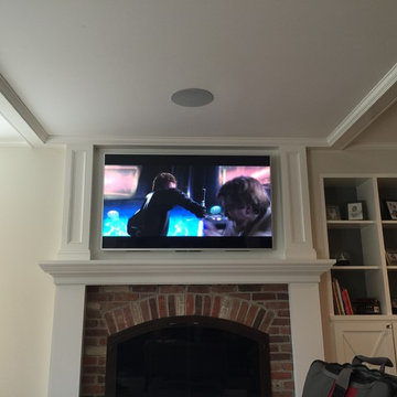 65" 4K LED TV over Fireplace with in-ceiling 5.1 Surround System